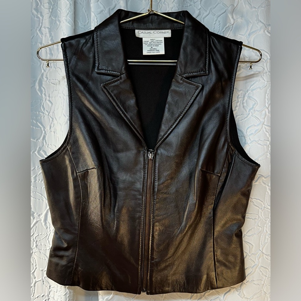 Casual Corner Black Faux Leather Zip Vest